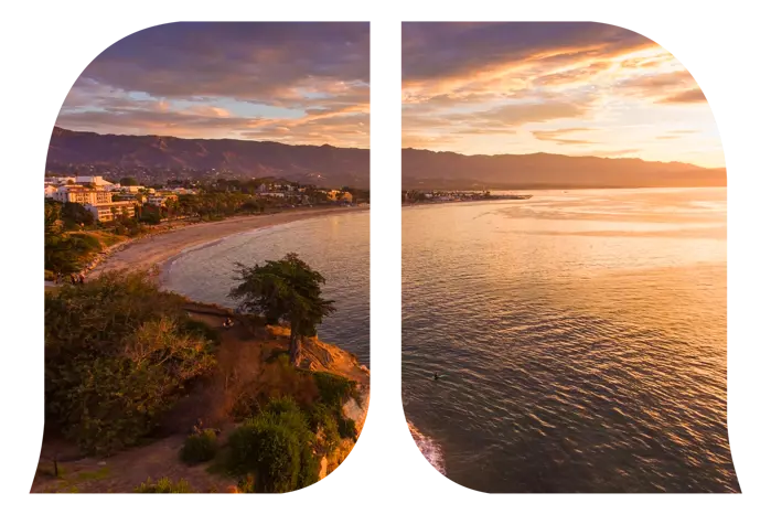The Santa Barbara coastline during sunset shaped into the Montecito Bank & Trust logo.