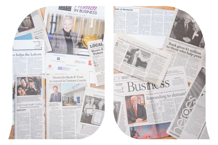 Scattered newspapers that feature Montecito Bank & Trust shaped into their logo.