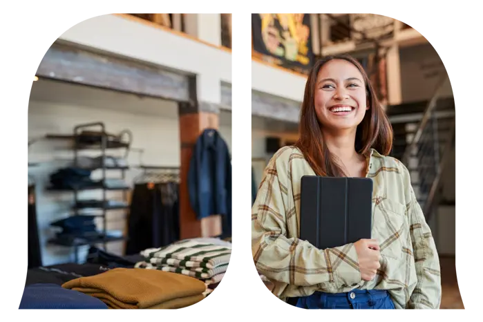 A young woman looking ahead confidently with a tablet in her arms.
