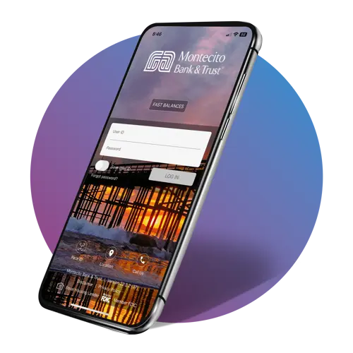 Phone displaying Montecito Bank and Trust app login.