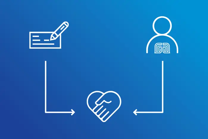 A diagram of a check icon and a person figure with the Montecito Bank & Trust logo both pointing to an icon showing a helping hand shaped in a heart.