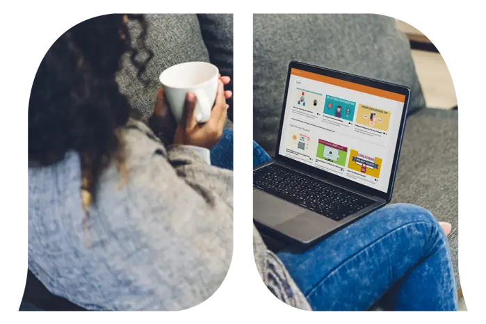 A woman holding her cup while looking at her laptop displaying Money Matter video guide.