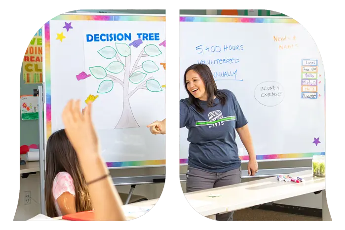 A bank employee points to call on a young student while teaching a class.