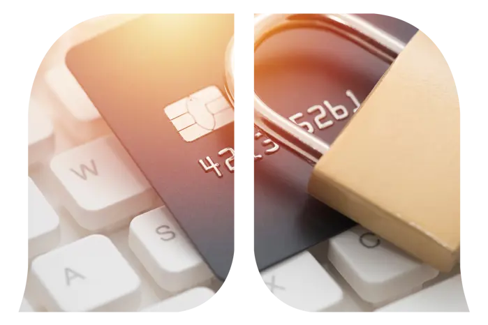 A lock and credit card laying on top of a computer keyboard shaped into the Monecito Bank & Trust logo.