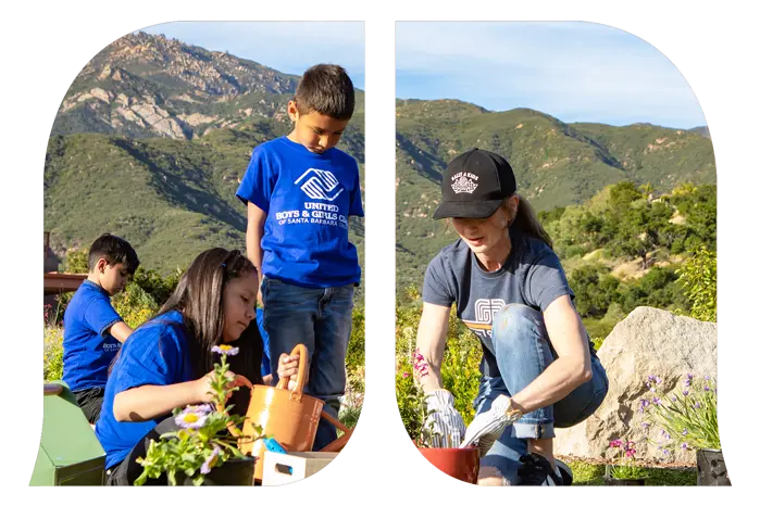 A bank employee helps young kids with gardening.