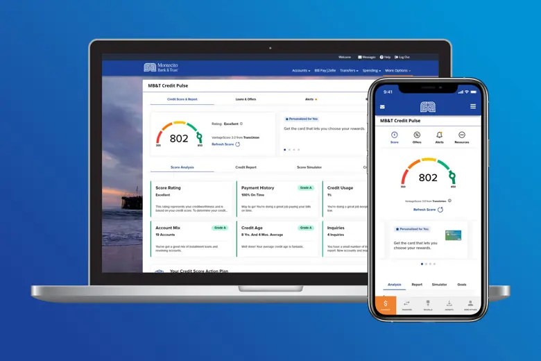 Laptop and phone displaying Credit Score with Montecito Bank and Trust Credit Pulse.