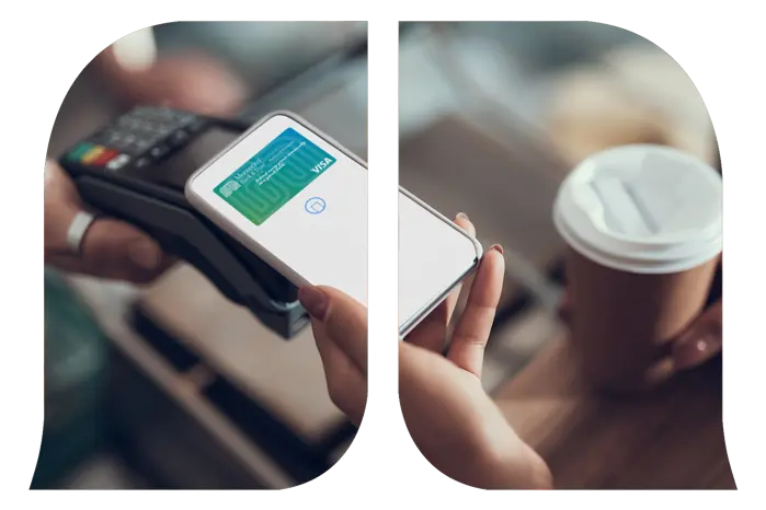 A hand scanning with digital credit card through phone on the credit card reader.