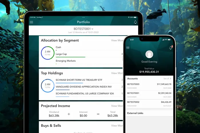 The Wealth Management App displayed on an ipad and phone with a kelp forest background.